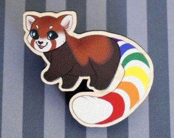 Pride Panda LGBTQ+ Pin / Magnet • Red Panda Wood Pin, Cute Red Panda Charm, Pride Pin, Pride Magnet, Lapel Pin, Badge, LGBTQ Bag Accessory