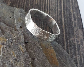 Silver Mens Wedding Band, Square Shaped Ring, Rough Texture, Comfort Shaped Band Ring, Recycled Silver Ring Band