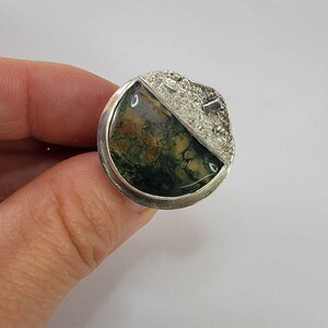 Moss Agate statement Ring recycled upcycled Silver one of a kind Gemstone Ring Size 7 gift for her, Green clear half moon cabochon mineral