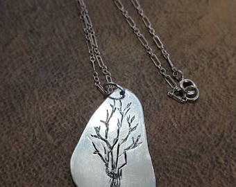 Tree Pendant Hand Carved Sterling Silver one of a kind Tree of Life Family Strength Nature Rooted to Earth Handcrafted