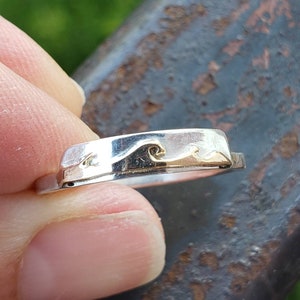 Ocean Wave Band, 10K Yellow Gold Sterling Silver, summer Seascape Vacation Ring