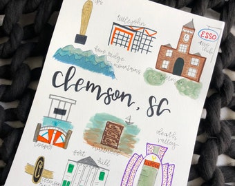 Clemson University Watercolor Print, SC Landmarks