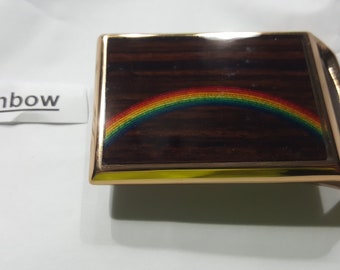 Tech Ether Guild Vintage "Rainbow" 1970s Belt Buckle Solid Brass Wood Inlay NEW Made in USA