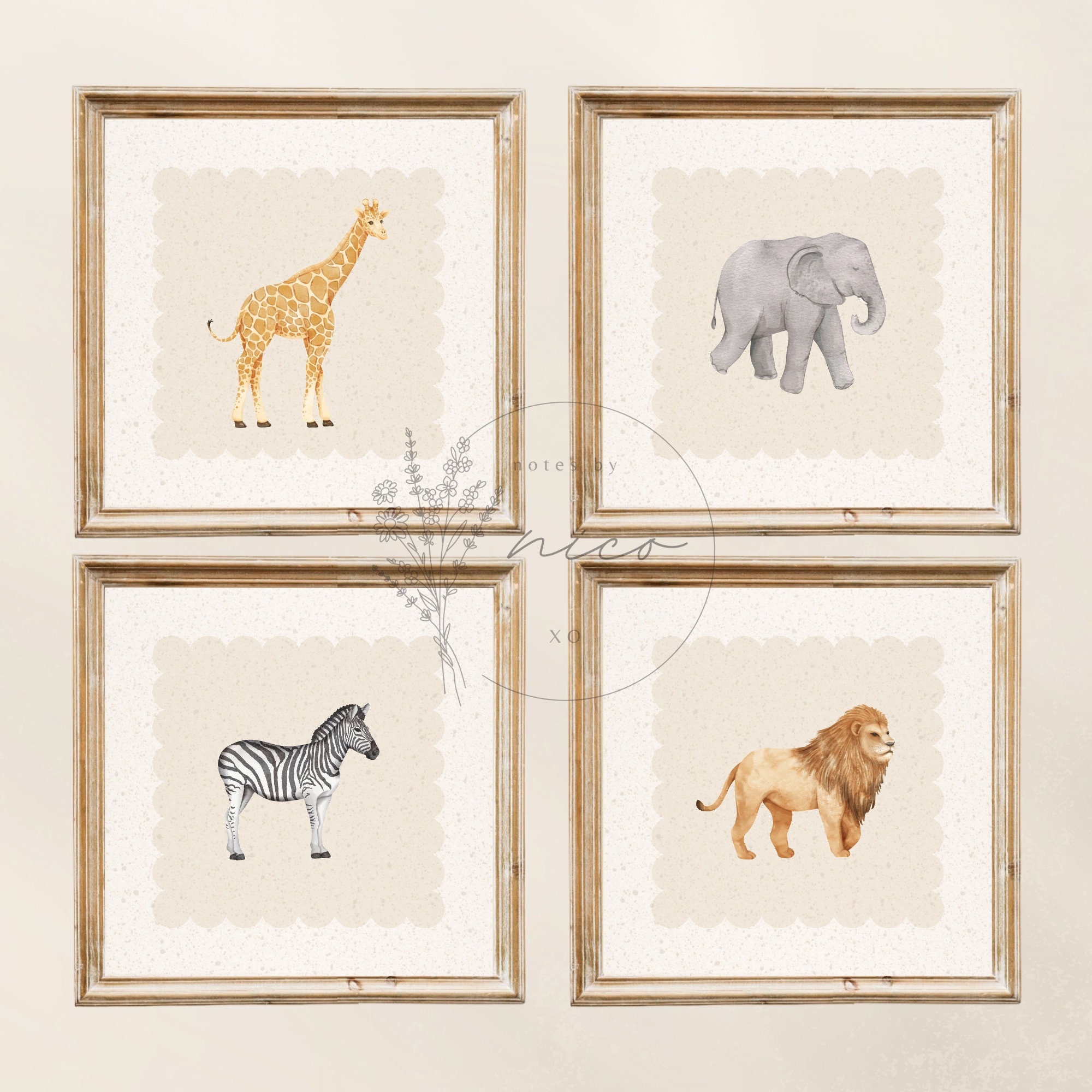 Safari animals wall art bundle - digital download - safari nursery art - neutral baby room art - vintage inspired prints