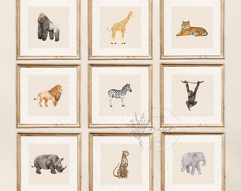Safari animals gallery wall art bundle - digital download - safari nursery art - neutral baby room art - vintage inspired prints