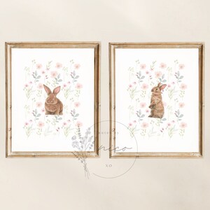 Lot floral d'art mural lapin - téléchargement numérique - art de chambre de bébé fille - art de chambre d'enfant - estampes d'inspiration vintage