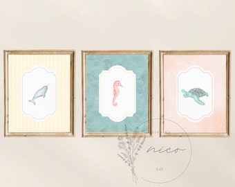 Vintage inspired sea animal wall art bundle - digital download - nursery art set - children's room art - vintage inspired prints