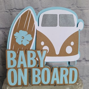 SURFING CAKE TOPPER SURFEr Baby On Baby Baby Shower Cake Surf Topper Bus Van Surfing banner Surfer Birthday Beach Party Totally Two-bular