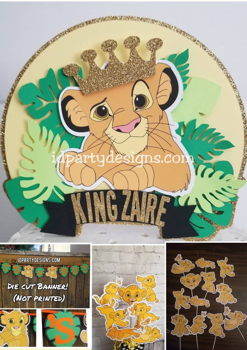 May include: A Lion King themed cake topper featuring a cartoon Simba wearing a gold crown. The topper includes a green and yellow jungle leaf background and a black banner with gold glitter that reads "King Zaire".