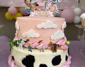 TOY STORY CAKE Topper Woody Jesse Cow print Pizza Planet Space To Infinity and Beyond Buzz Lightyear Half Birthday Pink Glitter