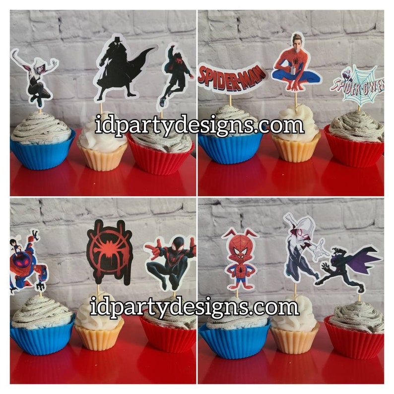 May include: Set of 12 Spider-Man themed cupcake toppers featuring characters from the Spider-Man: Into the Spider-Verse film. The toppers include Spider-Man, Miles Morales, Gwen Stacy, and other characters. The toppers are printed on cardstock and are perfect for decorating cupcakes for a Spider-Man themed party.