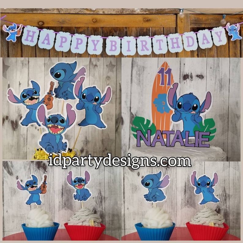 以下が含まれることがあります： キャラクター、スティッチをフィーチャーした誕生日パーティーの装飾。 「HAPPY BIRTHDAY」と書かれたバナー、ケーキトッパー、カップケーキトッパーが含まれています。 ケーキトッパーには「NATALIE」という名前と「11」という数字があります。