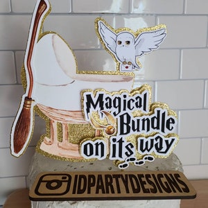 MAGICAL BUNDLE CAKE Topper Gold Baby Blue Pink Owl Broom Magic Lightning