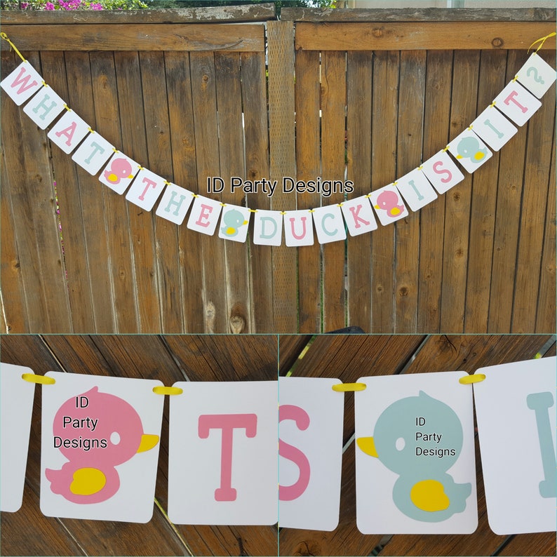 Puede incluir: Una pancarta para una fiesta de revelaci&oacute;n de g&eacute;nero con el texto "What the duck is it?" en letras rosas y azules con ilustraciones de patos. La pancarta est&aacute; hecha de cartulina blanca con cuerda amarilla.