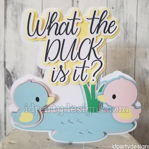 Puede incluir: Un adorno para pastel de revelaci&oacute;n de g&eacute;nero con un pato azul y rosa, un estanque y el texto "What the duck is it?"