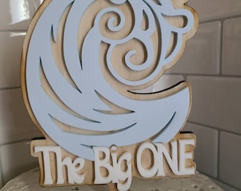 THE BIG ONE Surf Wave Surfer Wood and Acrylic Cake Topper