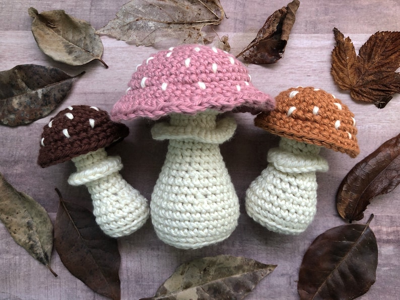 May include: Three handmade crochet mushrooms in varying colors: brown, pink, and orange. Each mushroom has a white stem and white polka dots on the cap. The mushrooms are arranged on a wooden surface with dried leaves.