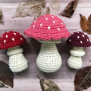 May include: Three handmade crochet mushrooms in varying sizes. The mushroom caps are red, pink, and burgundy, each with white spots. The stems are off-white. The mushrooms are arranged on a wooden surface with dried leaves.