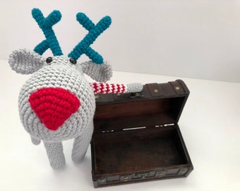 Crochet Reindeer Soft Toy Red Nose Reindeer Plushie Fun Looking Reindeer Toy Christmas Gift Idea For Boy or Girl Eco Friendly Toy