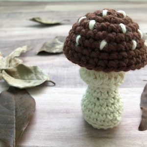 May include: A handmade crochet mushroom with a brown cap and white spots, atop a cream-colored stem. The mushroom is set against a backdrop of dried leaves on a wooden surface, creating a rustic, autumnal aesthetic.