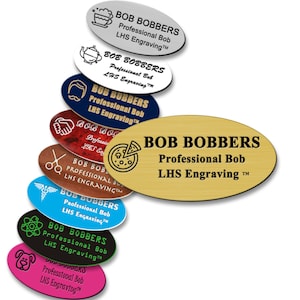Oval Engraved Name Tag For Work - Personalized Brushed Brass Plastic Badge With Black Lettering | Made in USA - M6