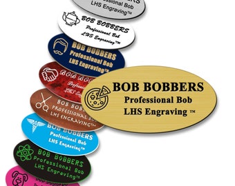 Oval Engraved Name Tag For Work - Personalized Brushed Brass Plastic Badge With Black Lettering | Made in USA - M6