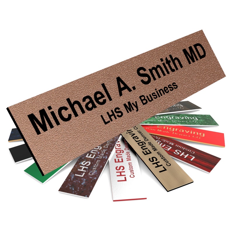 Made in USA M2 Desk Plate Custom Size Custom Name Plate Personalized office Sign Textured Copper Plastic with Black Lettering