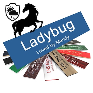 May include: A blue sign with the text "Ladybug Loved by Mandy" and a black silhouette of a horse. The sign is surrounded by several small rectangular signs with the text "LHS Engraving Custom Made Denver CO" in various colors.