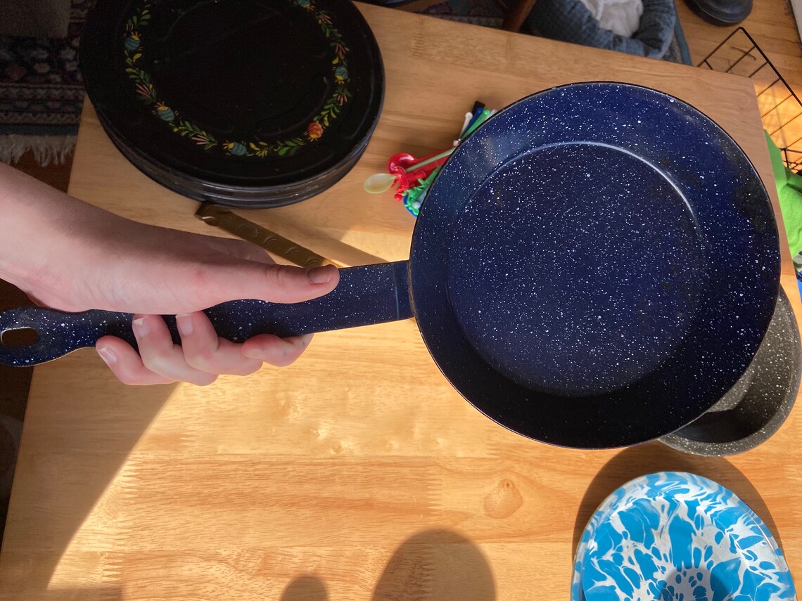 Vintage Blue Speckled Enamel Frying Pan Etsy