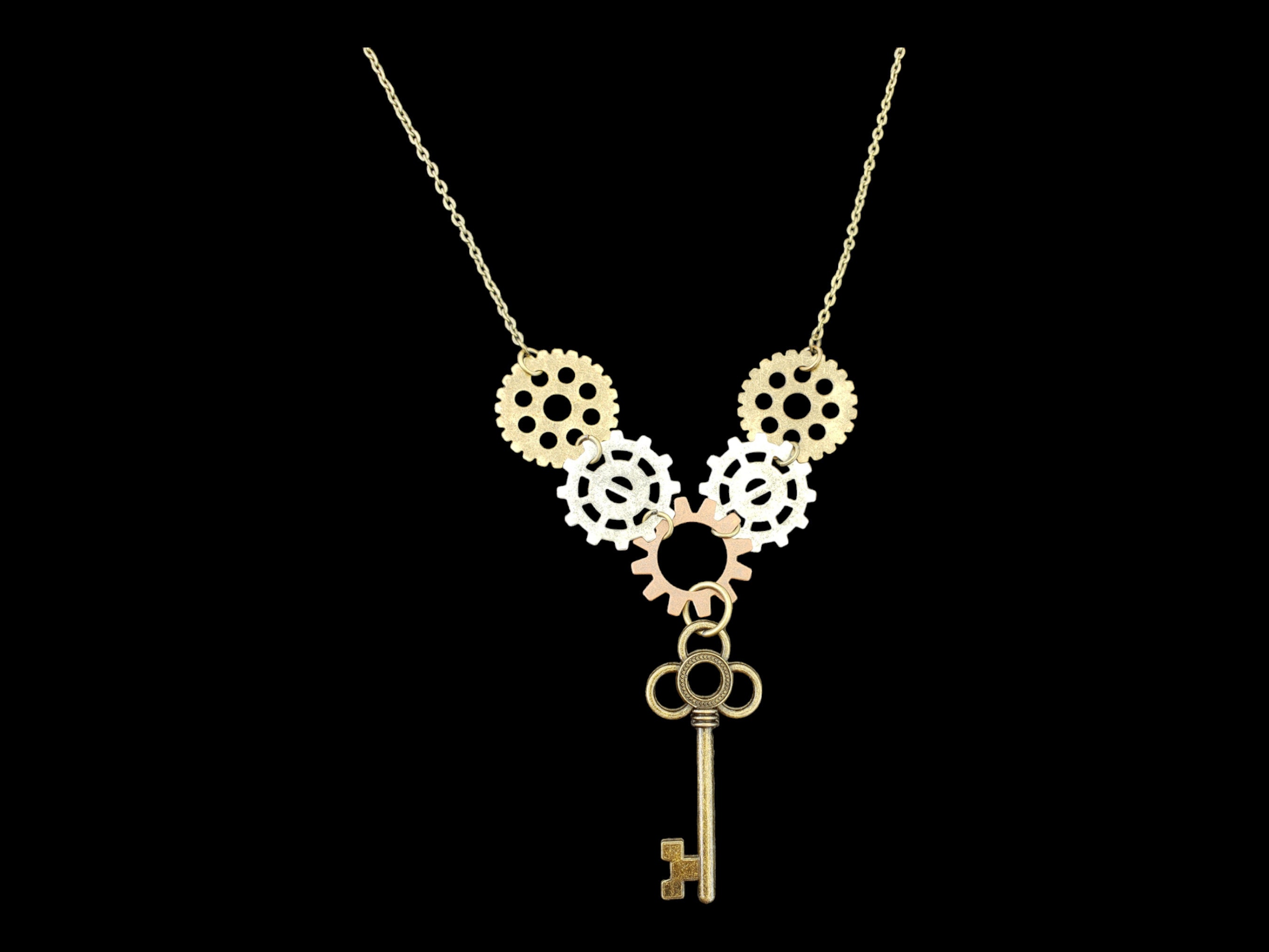 Steampunk Large Bronze Skeleton Key with Gears Pendant Necklace