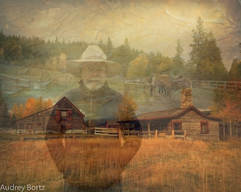 double exposure western photograph with cowboy, horses and log cabins plus added texture