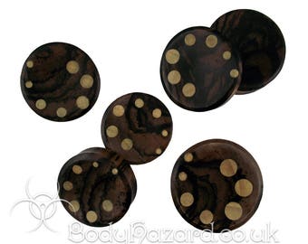 1x Plugue de Orelha de Calibre Grande em Madeira de Ébano: Incrustação de Ponto de Crocodilo (39 mm-48 mm)