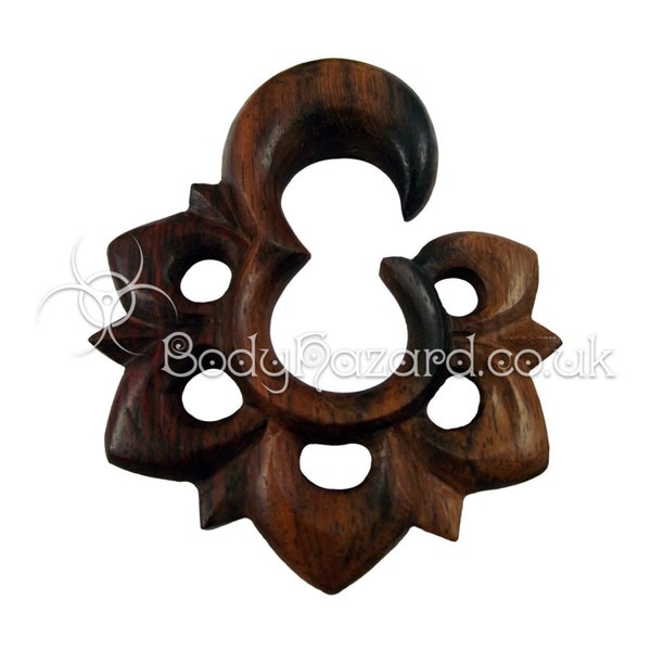 1x 3D Carved Lotus Ear Hook Spiral Weight Organic for Stretched Ears Gauges Plug Lobe Rosewood Ebony Black