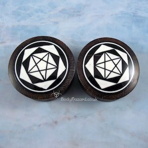 A Pair of Black Ebony Wood 38mm Double Flared Plugs with Geometric Pattern Inlay