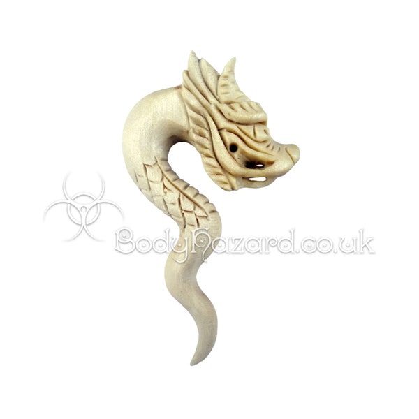 1x Crocodile Wood Carved Dragon Ear Spiral Hook Organic for Stretched Ears Gauges Plug Lobe Blonde White Wood Tribal