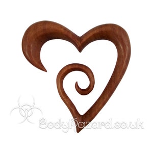 1x Saba Wood Heart Shaped Spiral Hook Organic for Stretched Ears Gauges Plug Body Lobe