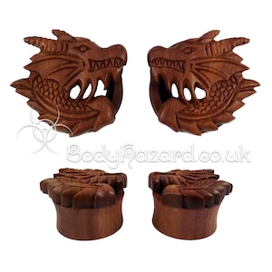 Pair of Dragon Carved Saba Wood Double Flared Ear Tunnel Plug For Stretched Ear Lobes Red Wood Gauges