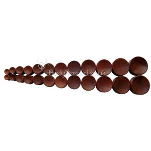 May include: A set of wooden ear gauges in various sizes, ranging from small to large. The gauges are a rich brown colour and have a smooth, polished finish.