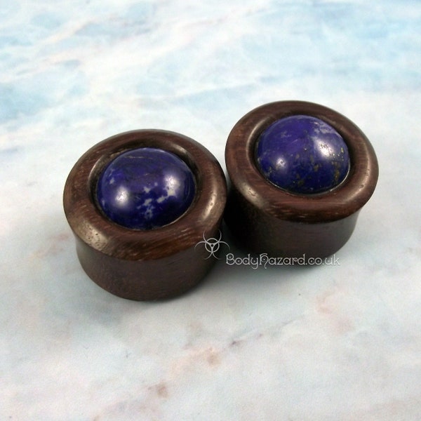 A Pair of Sono Wood 24mm Double Flared Plugs with Lapis Lazuli Stone Inlays Blue Stretched Ears Gauges