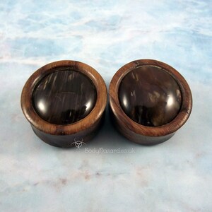 A Pair of Sono Wood 32mm Double Flared Plugs with Petrified Wood Stone Inlays Ear Gauges Stretched Ears
