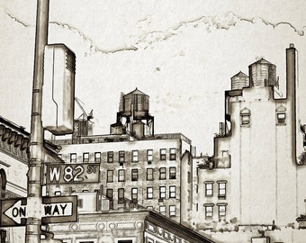 NY Water Tower Art Print, Photo Print, Street Scene Wall Decor ("One Way")