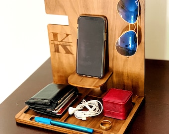 Nightstand Desk Organizer, Docking Station, Valet Tray, Wood Photo Frame, Key Holder, Phone Stand Watch Charger Holder, Glasses Holder