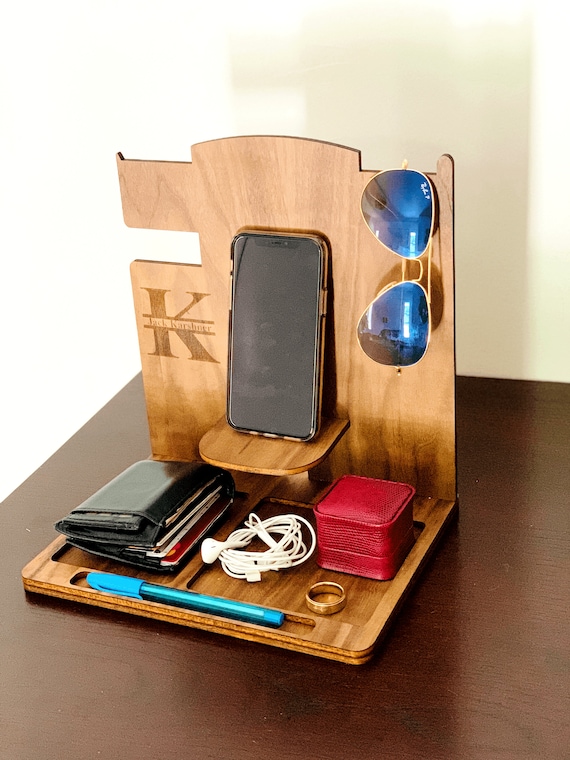 Nightstand Desk Organizer, Docking Station, Valet Tray, Wood Photo