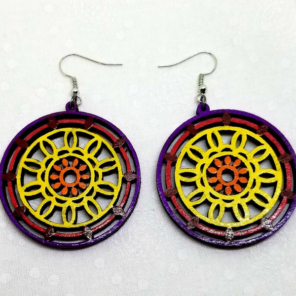 Laser Cut Aztec Sun Mahogany Earrings