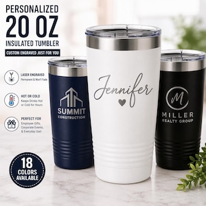 Personalized 20 oz Tumbler, Custom Engraved Travel Mug, Stainless Steel Coffee Cup, Logo Tumbler, Employee or Corporate Gift