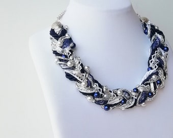 Blue and White Braided Necklace - Wide Necklace - Multi Strand Necklace - Multicolored Necklace  - Braided Bead /Rope / Chain Necklace