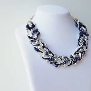 Blue and White Braided Necklace - Wide Necklace - Multi Strand Necklace - Multicolored Necklace  - Braided Bead /Rope / Chain Necklace