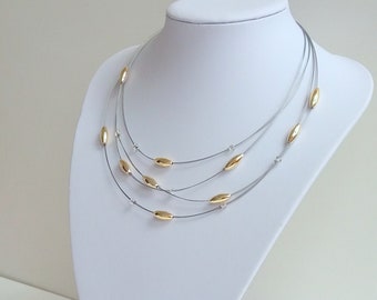 Floating Pearl Necklace - Multistrand Necklace - Oval Pearl Necklace - Gold Pearl Necklace - Elegant Bead  Wire Necklace - Illusion Necklace