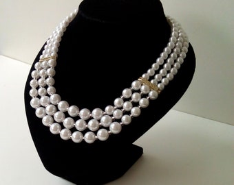 White Pearl Necklace - Multi Strand Necklace - Wedding Necklace - Three Strand Necklace - Elegant Necklace - Bridal Jewelry