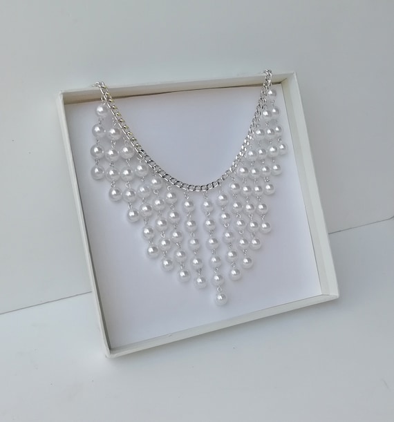 White Pearl Necklace Waterfall Necklace Dangle Pearl Necklace